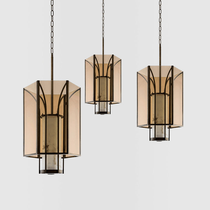 Lanterne cylindrique en verre imitation marbre chinois traditionnel en fer 1-lumière suspension projecteur pour chevet 