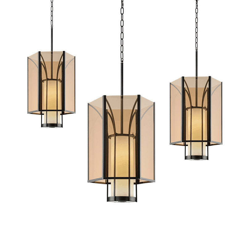 Lanterne cylindrique en verre imitation marbre chinois traditionnel en fer 1-lumière suspension projecteur pour chevet 