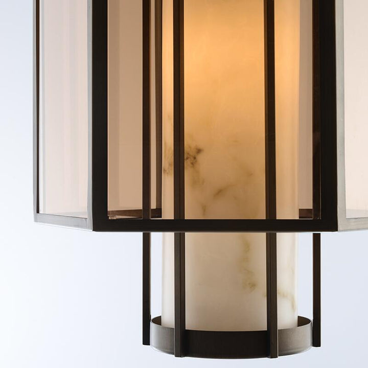 Lanterne cylindrique en verre imitation marbre chinois traditionnel en fer 1-lumière suspension projecteur pour chevet 
