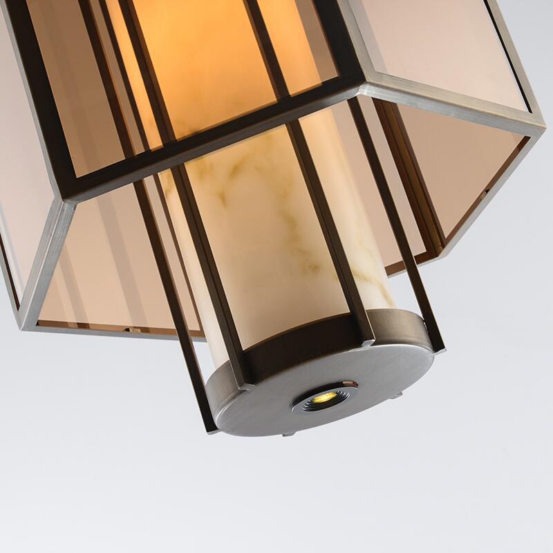 Lanterne cylindrique en verre imitation marbre chinois traditionnel en fer 1-lumière suspension projecteur pour chevet 