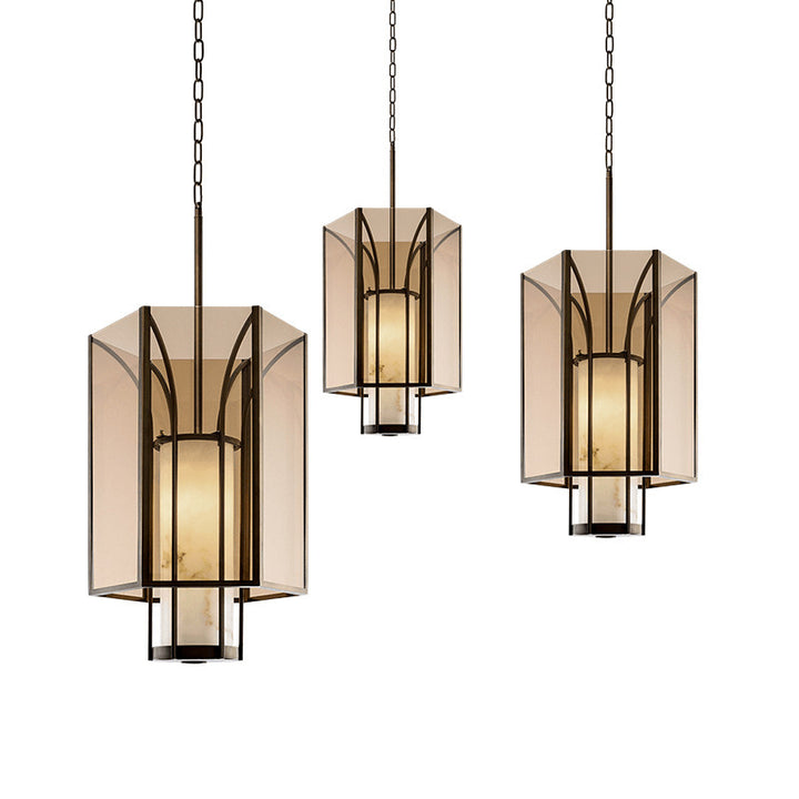 Lanterne cylindrique en verre imitation marbre chinois traditionnel en fer 1-lumière suspension projecteur pour chevet 