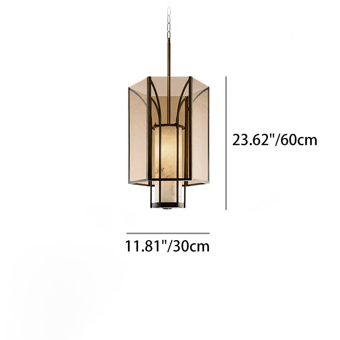 Lanterne cylindrique en verre imitation marbre chinois traditionnel en fer 1-lumière suspension projecteur pour chevet 