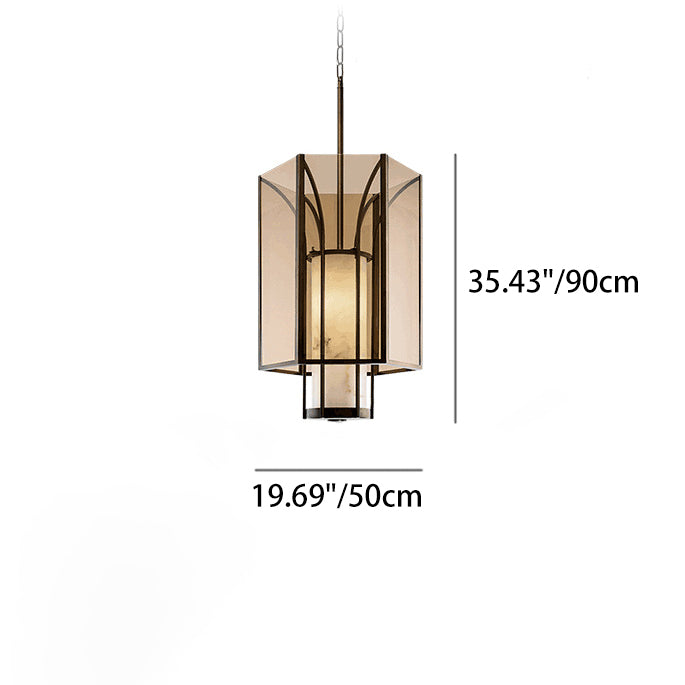 Lanterne cylindrique en verre imitation marbre chinois traditionnel en fer 1-lumière suspension projecteur pour chevet 