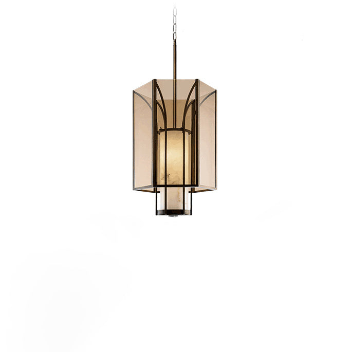 Lanterne cylindrique en verre imitation marbre chinois traditionnel en fer 1-lumière suspension projecteur pour chevet 
