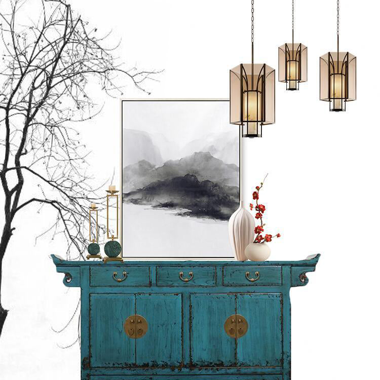 Lanterne cylindrique en verre imitation marbre chinois traditionnel en fer 1-lumière suspension projecteur pour chevet 