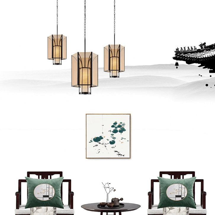 Traditional Chinese Imitation Marble Glass Iron Cylinder Lantern 1-Light Pendant Light Spotlight For Bedside