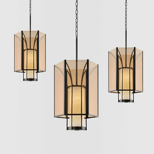 Lanterne cylindrique en verre imitation marbre chinois traditionnel en fer 1-lumière suspension projecteur pour chevet 