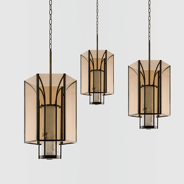 Lanterne cylindrique en verre imitation marbre chinois traditionnel en fer 1-lumière suspension projecteur pour chevet 