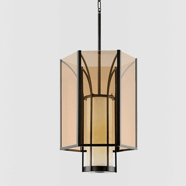 Traditional Chinese Imitation Marble Glass Iron Cylinder Lantern 1-Light Pendant Light Spotlight For Bedside