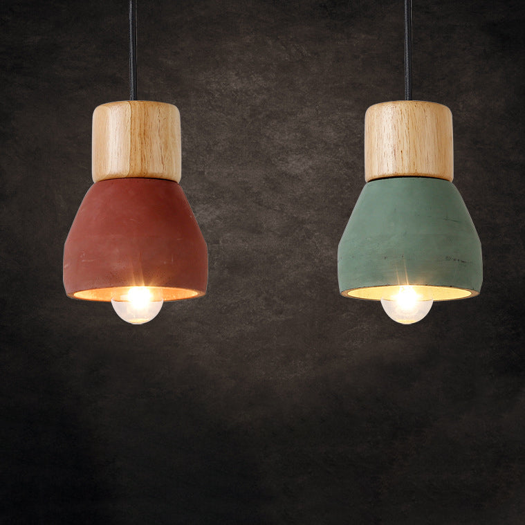 Contemporary Scandinavian Cement Wood Hardware Conic Round 1-Light Pendant Light For Dining Room