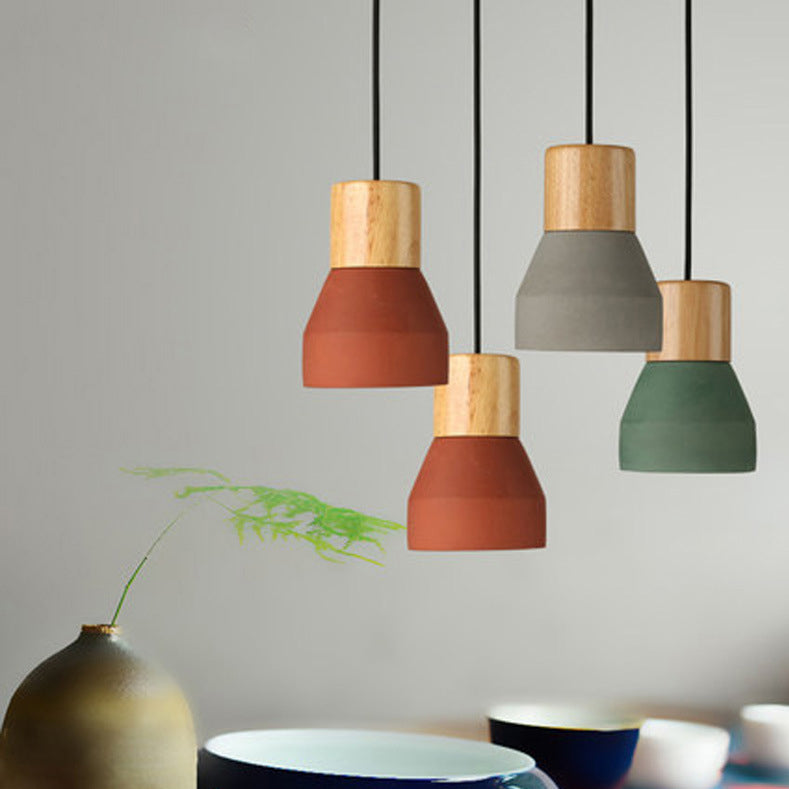 Contemporary Scandinavian Cement Wood Hardware Conic Round 1-Light Pendant Light For Dining Room