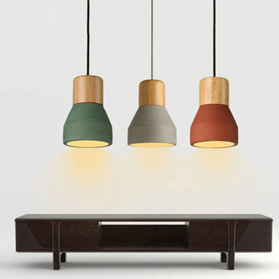 Contemporary Scandinavian Cement Wood Hardware Conic Round 1-Light Pendant Light For Dining Room