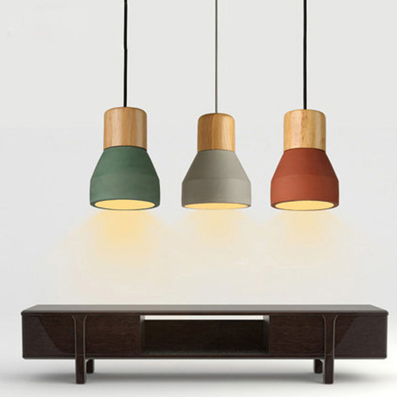 Contemporary Scandinavian Cement Wood Hardware Conic Round 1-Light Pendant Light For Dining Room