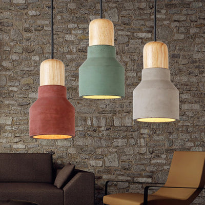 Contemporary Scandinavian Cement Wood Hardware Conic Round 1-Light Pendant Light For Dining Room