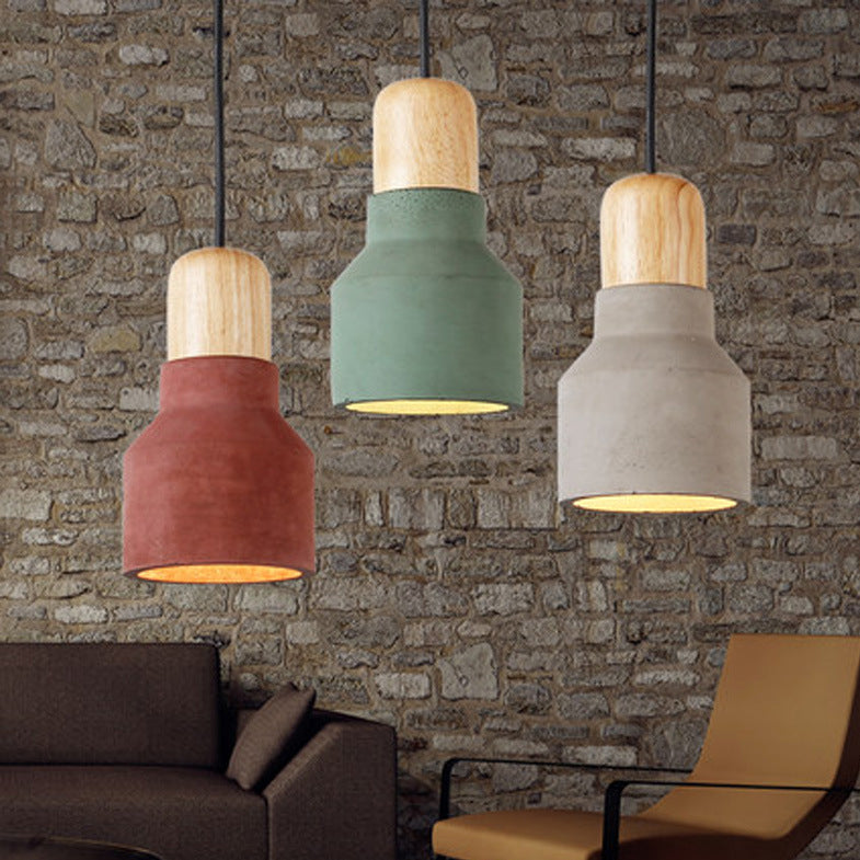 Contemporary Scandinavian Cement Wood Hardware Conic Round 1-Light Pendant Light For Dining Room