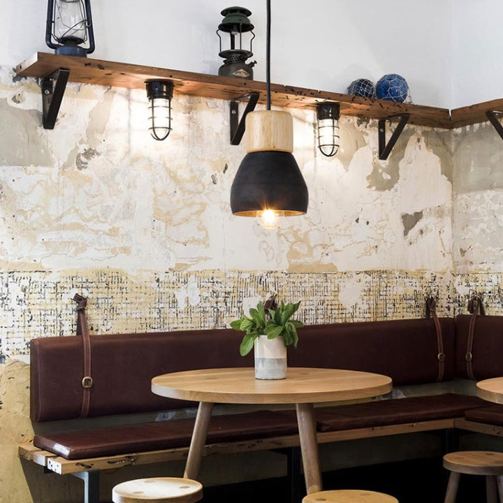 Contemporain Scandinave Ciment Bois Quincaillerie Conique Rond 1-Lumière Suspension Pour Salle à Manger 