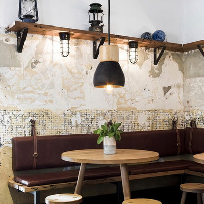 Contemporary Scandinavian Cement Wood Hardware Conic Round 1-Light Pendant Light For Dining Room
