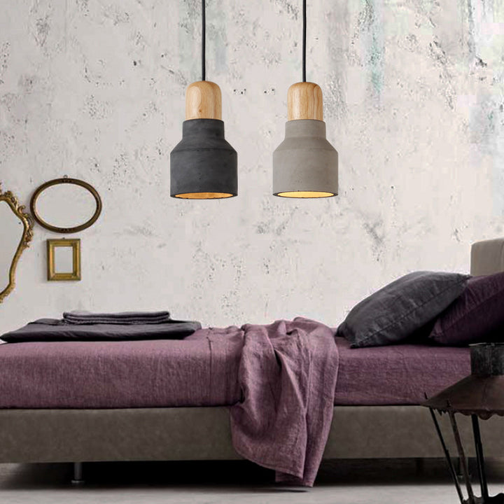 Contemporain Scandinave Ciment Bois Quincaillerie Conique Rond 1-Lumière Suspension Pour Salle à Manger 
