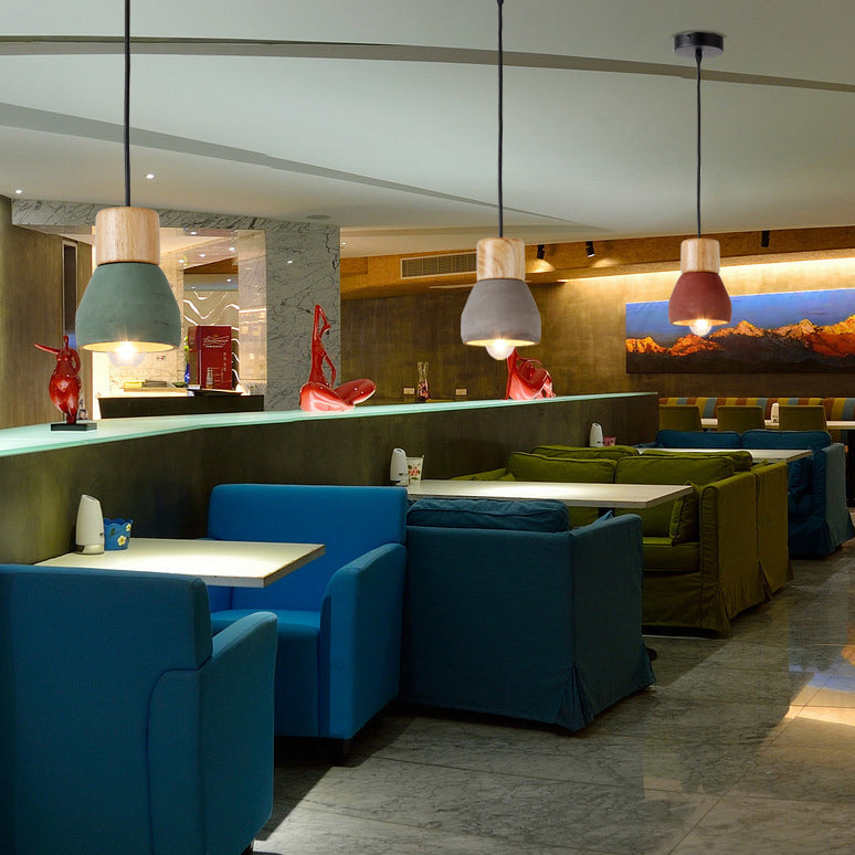 Contemporain Scandinave Ciment Bois Quincaillerie Conique Rond 1-Lumière Suspension Pour Salle à Manger 