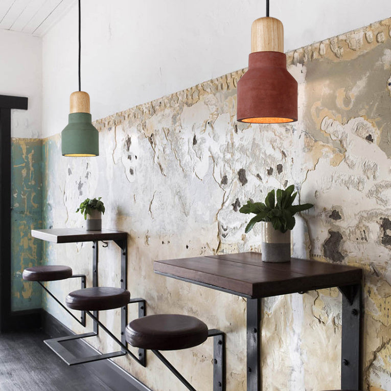 Contemporary Scandinavian Cement Wood Hardware Conic Round 1-Light Pendant Light For Dining Room