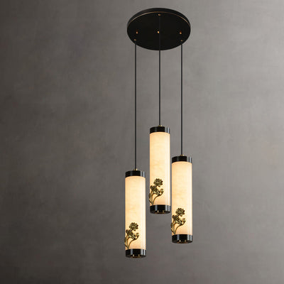 Traditional Chinese Brass Mable Cylinder Lotus Orchid Plum Blossom Bamboo LED Pendant Light Spotlight For Bedside