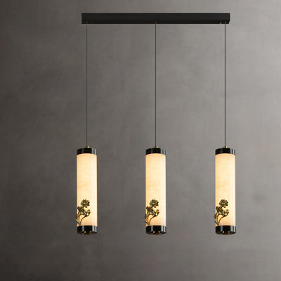 Traditional Chinese Brass Mable Cylinder Lotus Orchid Plum Blossom Bamboo LED Pendant Light Spotlight For Bedside