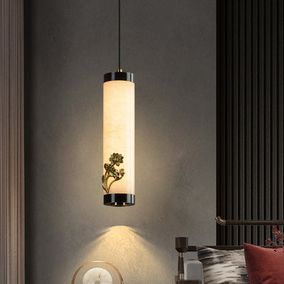 Traditional Chinese Brass Mable Cylinder Lotus Orchid Plum Blossom Bamboo LED Pendant Light Spotlight For Bedside