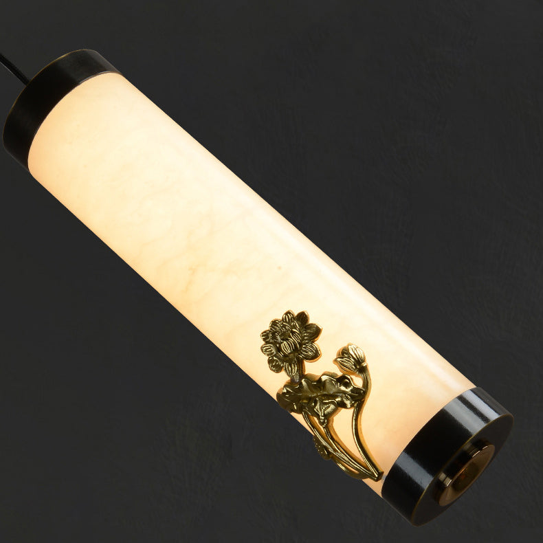 Traditional Chinese Brass Mable Cylinder Lotus Orchid Plum Blossom Bamboo LED Pendant Light Spotlight For Bedside