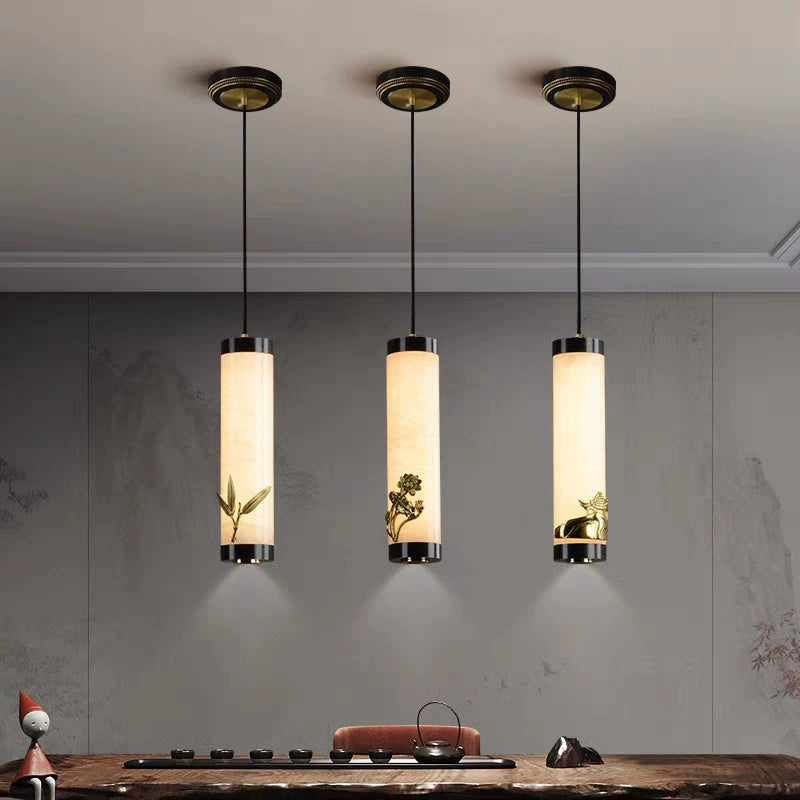 Traditional Chinese Brass Mable Cylinder Lotus Orchid Plum Blossom Bamboo LED Pendant Light Spotlight For Bedside