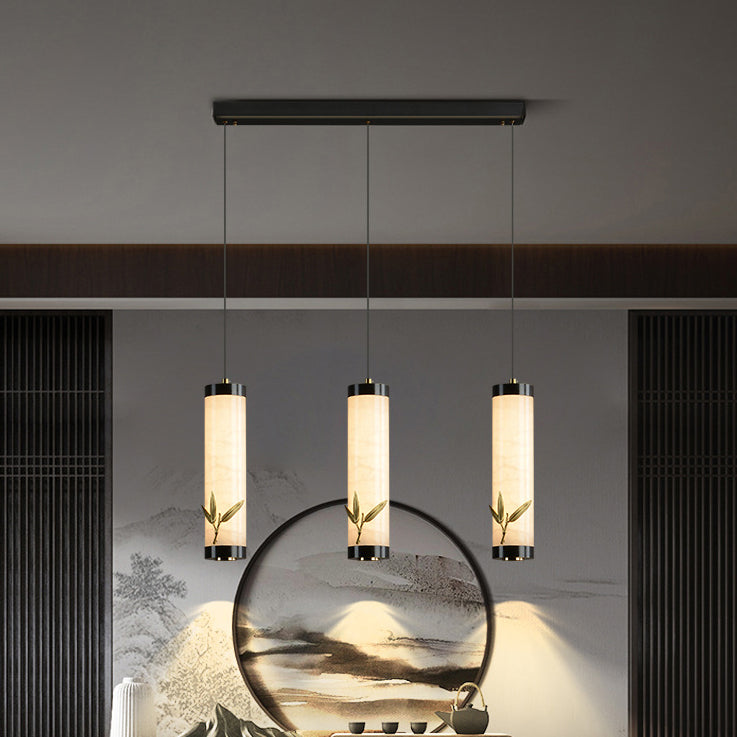 Traditional Chinese Brass Mable Cylinder Lotus Orchid Plum Blossom Bamboo LED Pendant Light Spotlight For Bedside