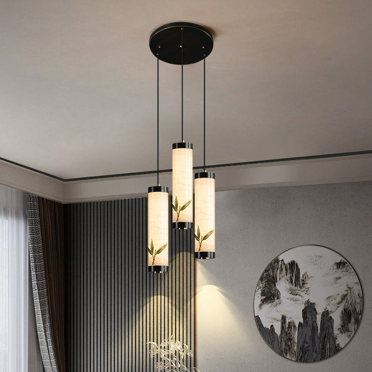 Traditional Chinese Brass Mable Cylinder Lotus Orchid Plum Blossom Bamboo LED Pendant Light Spotlight For Bedside