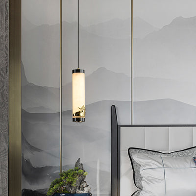 Traditional Chinese Brass Mable Cylinder Lotus Orchid Plum Blossom Bamboo LED Pendant Light Spotlight For Bedside