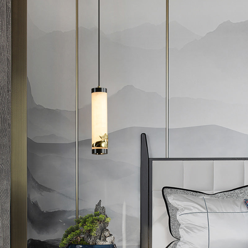 Traditional Chinese Brass Mable Cylinder Lotus Orchid Plum Blossom Bamboo LED Pendant Light Spotlight For Bedside