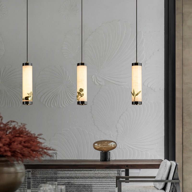 Traditional Chinese Brass Mable Cylinder Lotus Orchid Plum Blossom Bamboo LED Pendant Light Spotlight For Bedside