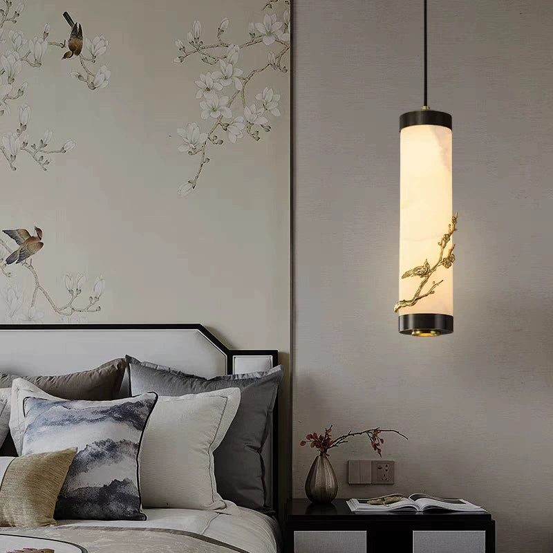 Traditional Chinese Brass Mable Cylinder Lotus Orchid Plum Blossom Bamboo LED Pendant Light Spotlight For Bedside