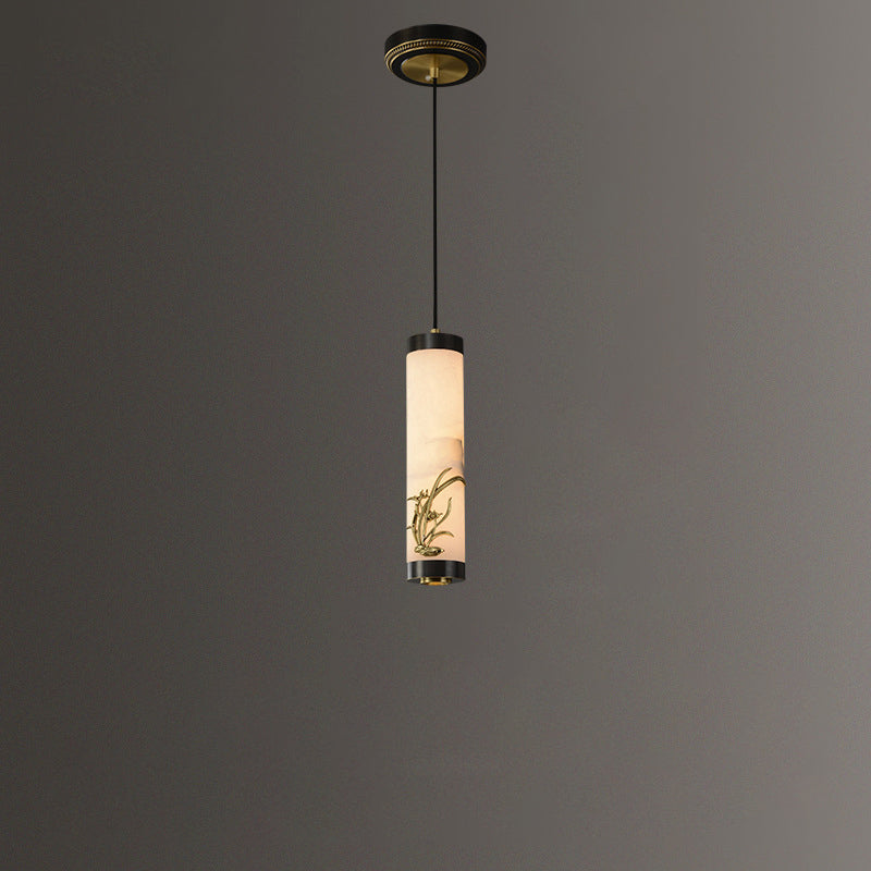 Traditional Chinese Brass Mable Cylinder Lotus Orchid Plum Blossom Bamboo LED Pendant Light Spotlight For Bedside
