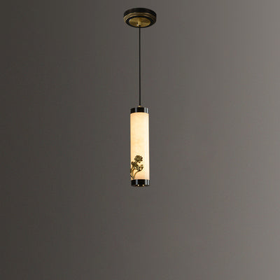Traditional Chinese Brass Mable Cylinder Lotus Orchid Plum Blossom Bamboo LED Pendant Light Spotlight For Bedside