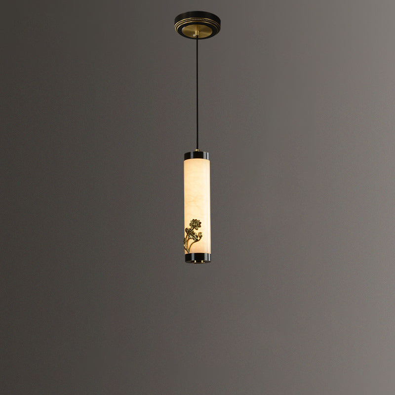 Traditional Chinese Brass Mable Cylinder Lotus Orchid Plum Blossom Bamboo LED Pendant Light Spotlight For Bedside