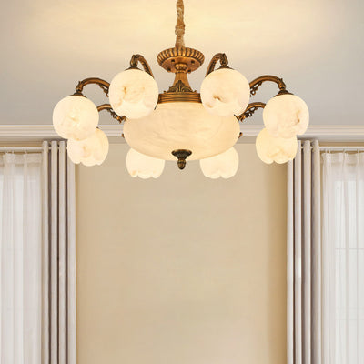 Traditional European Copper Marble Bud Round Carved 3/5/9/12/16 Light Chandeliers For Living Room