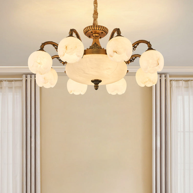 Traditional European Copper Marble Bud Round Carved 3/5/9/12/16 Light Chandeliers For Living Room