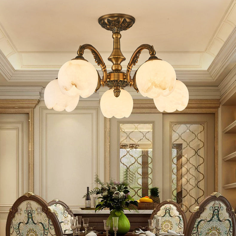 Traditional European Copper Marble Bud Round Carved 3/5/9/12/16 Light Chandeliers For Living Room