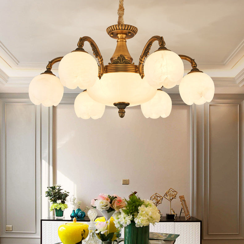 Traditional European Copper Marble Bud Round Carved 3/5/9/12/16 Light Chandeliers For Living Room