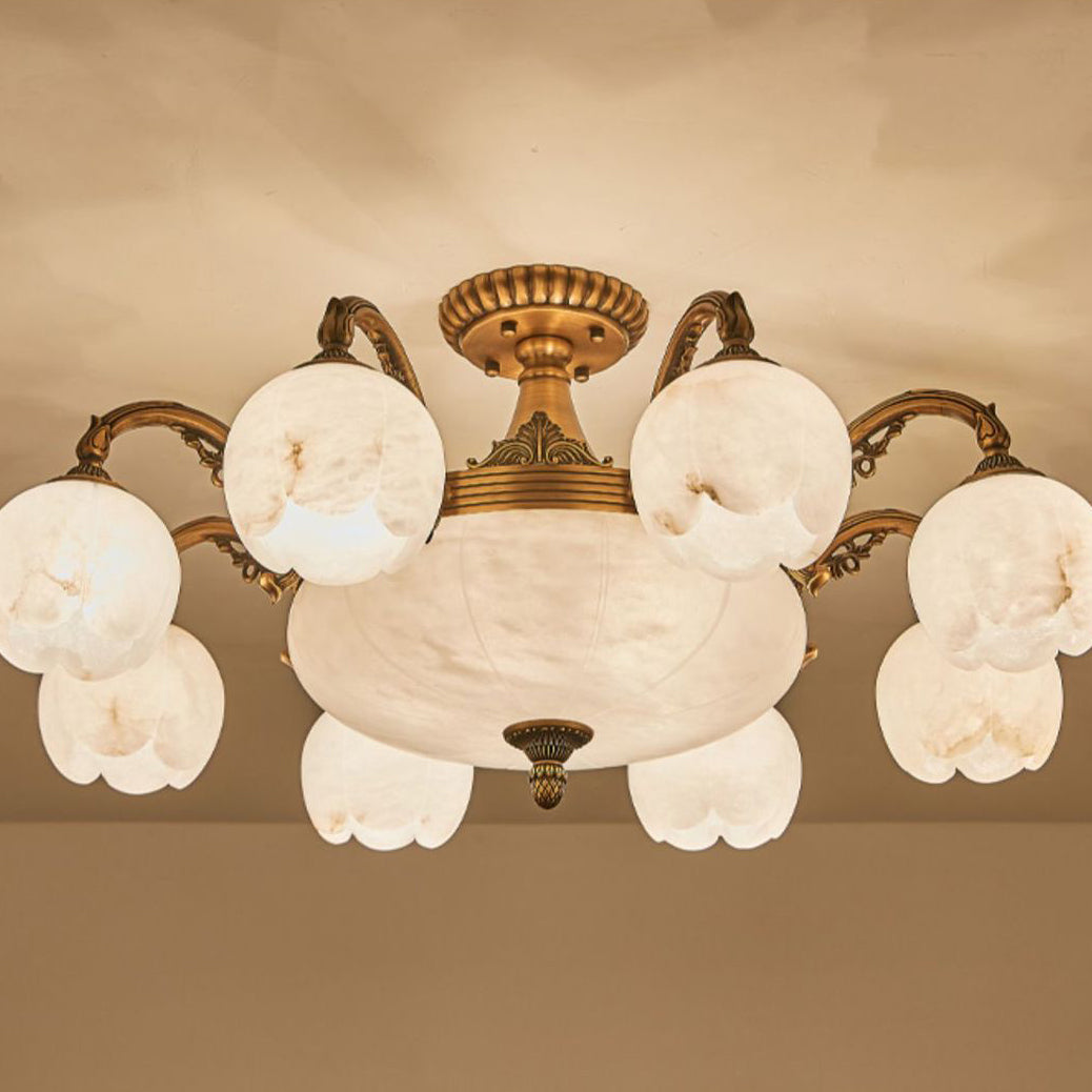 Traditionelle europäische Kupfer-Marmor-Bud-Runde geschnitzte 3/5/9/12/16 Licht-Kronleuchter für Wohnzimmer 