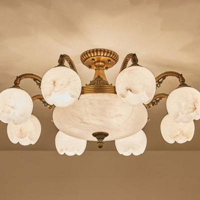 Traditional European Copper Marble Bud Round Carved 3/5/9/12/16 Light Chandeliers For Living Room
