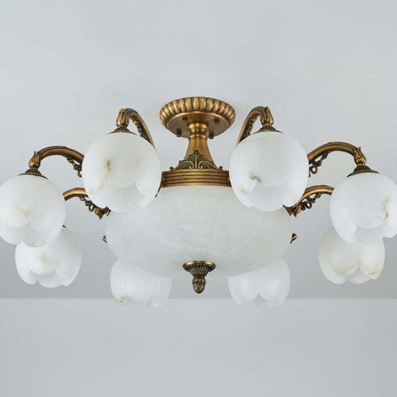 Traditional European Copper Marble Bud Round Carved 3/5/9/12/16 Light Chandeliers For Living Room