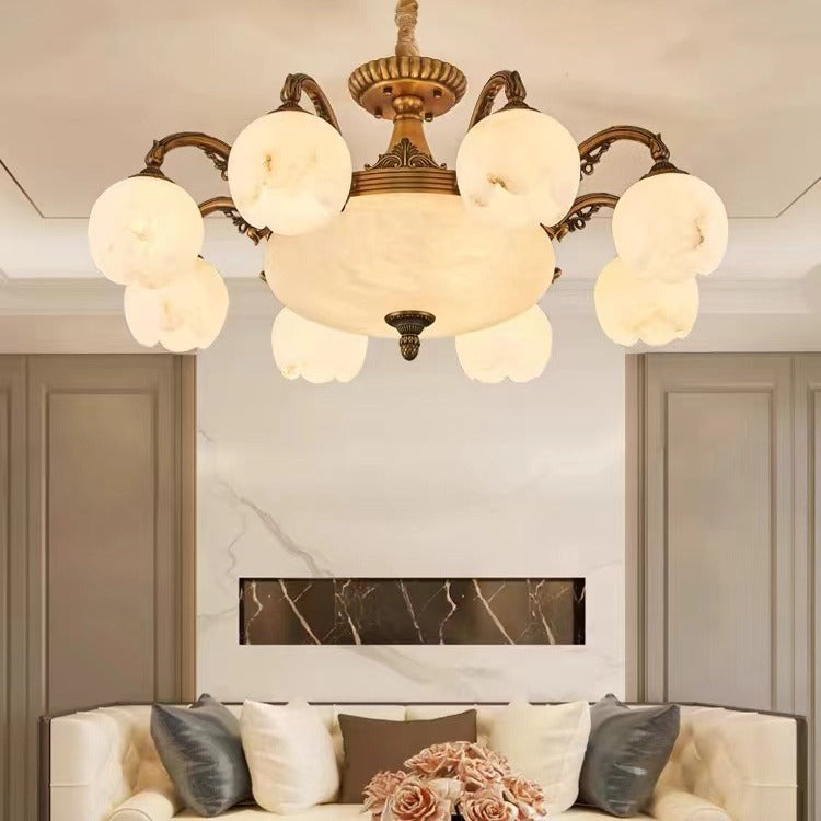 Traditional European Copper Marble Bud Round Carved 3/5/9/12/16 Light Chandeliers For Living Room