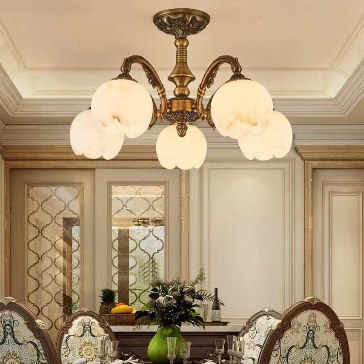 Traditional European Copper Marble Bud Round Carved 3/5/9/12/16 Light Chandeliers For Living Room