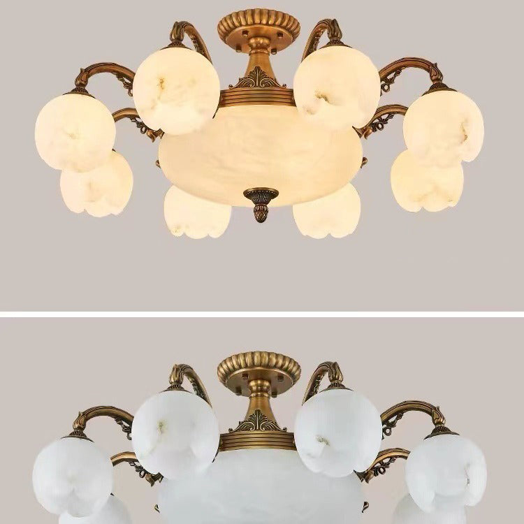 Traditional European Copper Marble Bud Round Carved 3/5/9/12/16 Light Chandeliers For Living Room