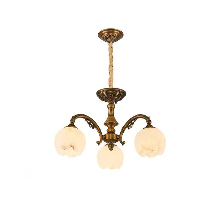 Traditionelle europäische Kupfer-Marmor-Bud-Runde geschnitzte 3/5/9/12/16 Licht-Kronleuchter für Wohnzimmer 
