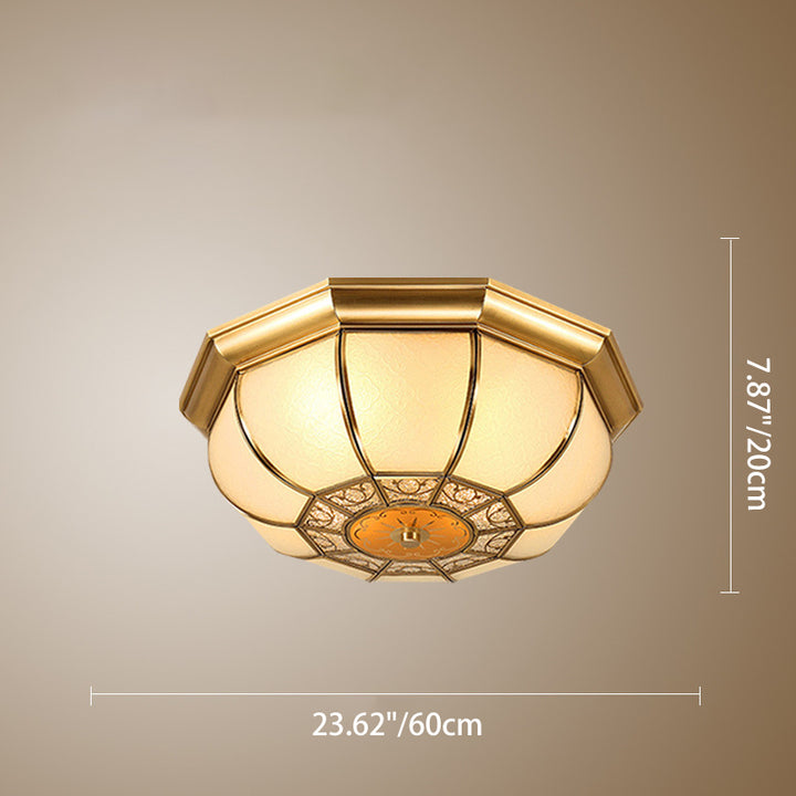 Traditional European Copper Printed Glass Round Petal 3/4/6 Light Flush Mount Ceiling Light For Bedroom